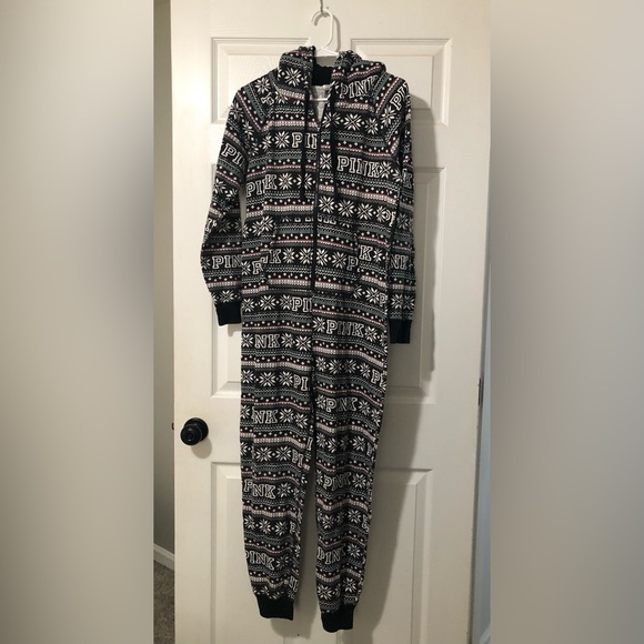 Pink by Victoria’s Secret Christmas Pajama Onesie White Black  Size Small Zip Up - Picture 5 of 5